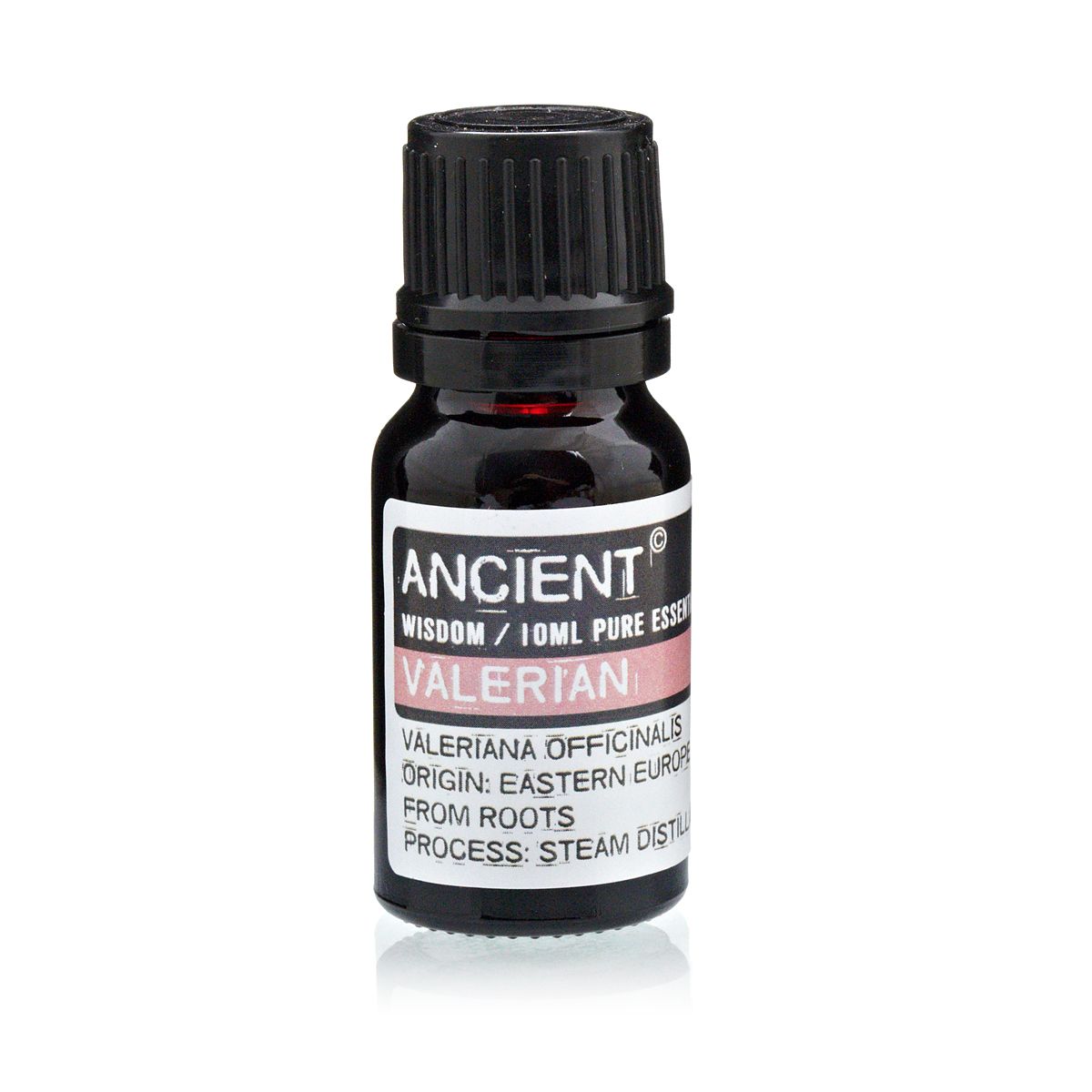 10ml valerian essential oil in amber glass bottle
