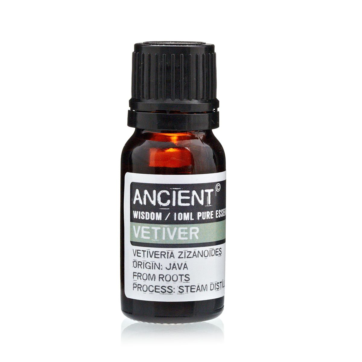 10ml vetiver essential oil in amber glass bottle