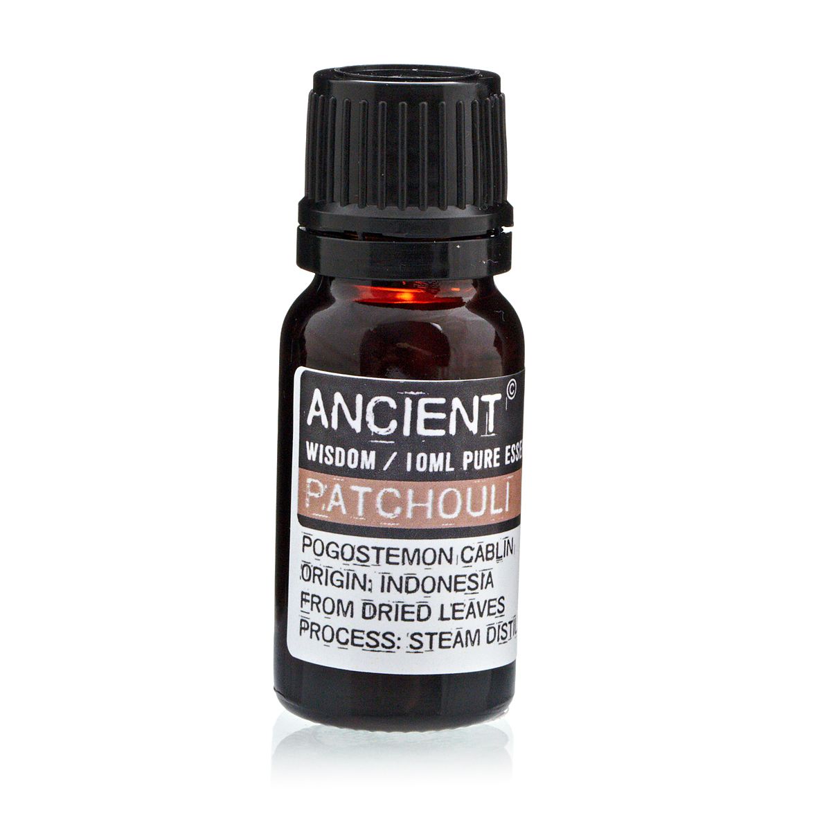10ml patchouli essential oil in amber glass bottle