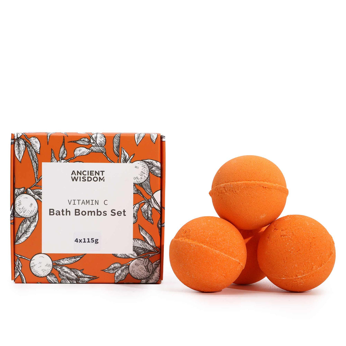 Gift box next to Set of four Vitamin C bath bombs with Orange, Lemon and Rosehip oils
