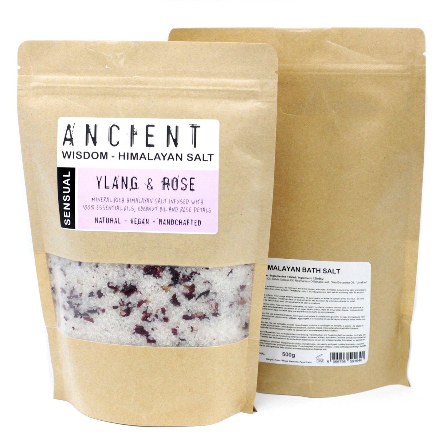 Resealable paper bag of Himalayan bath salts infused with Ylang Ylang essential oil, Coconut Oil and dried Rose petals