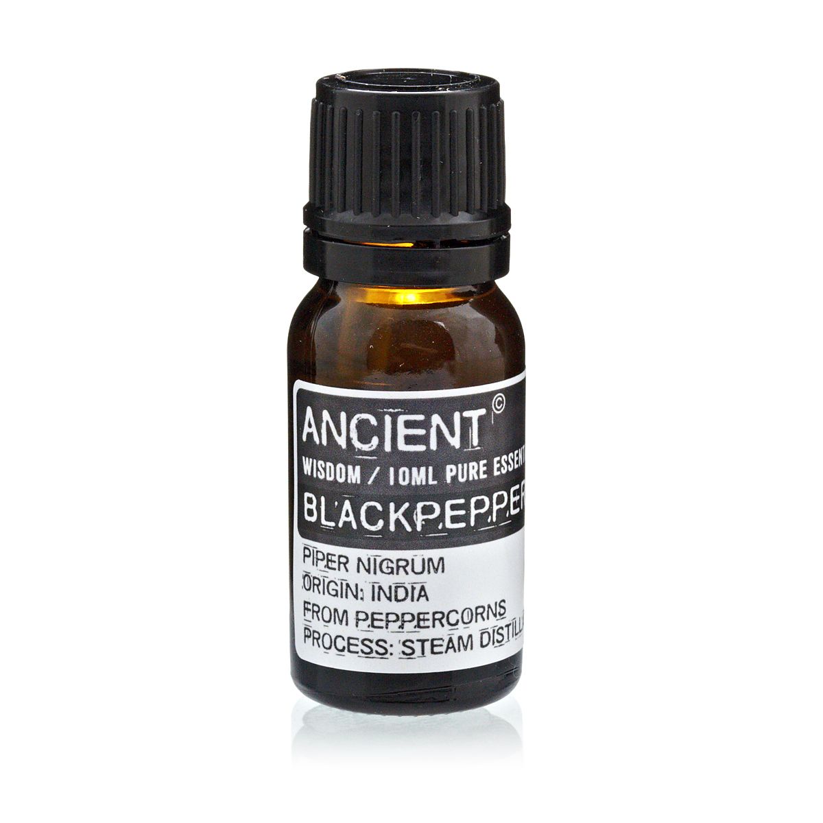 10ml black pepper essential oil in amber glass bottle