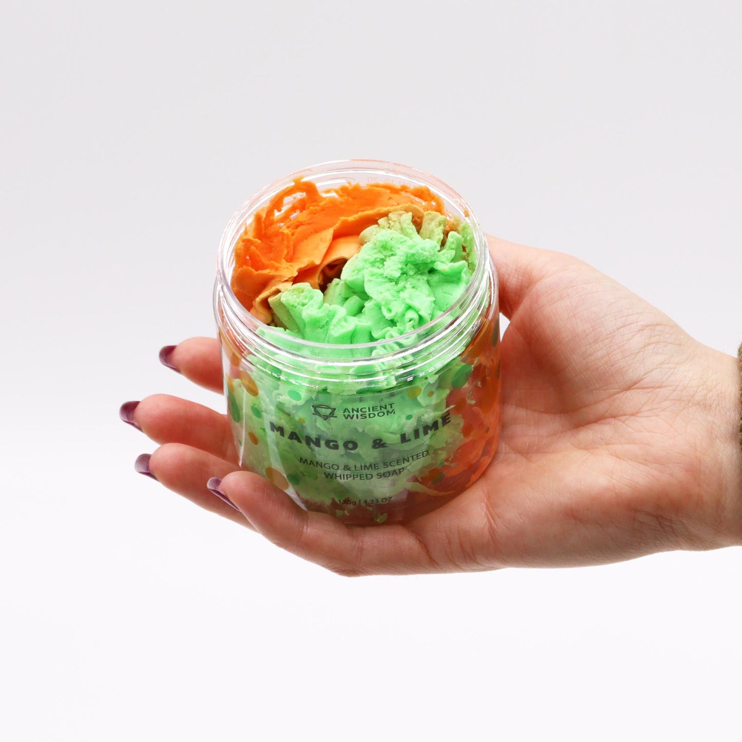 Mango and Lime whipped soap with tropical fruity fragrance and creamy texture in a clear jar