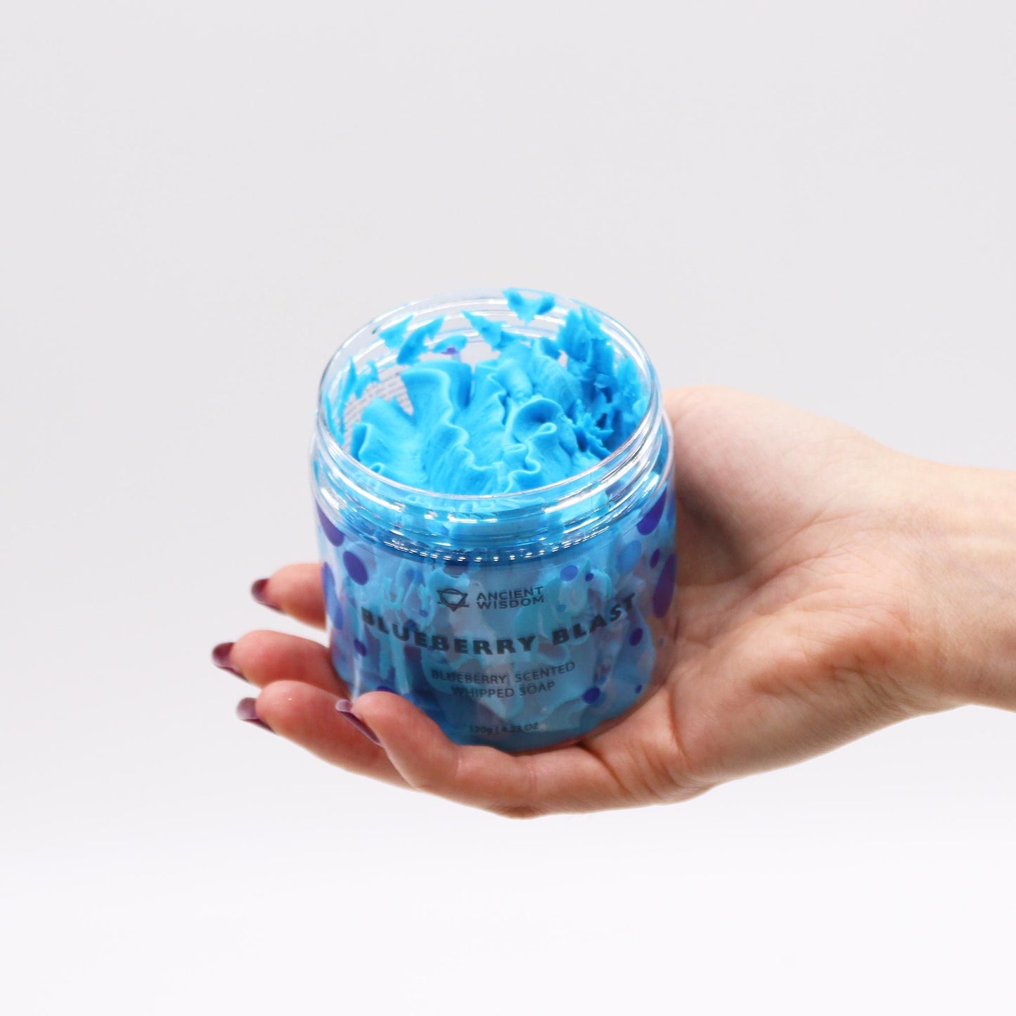 Blueberry whipped soap with sweet blueberry fragrance and creamy whipped texture in a clear jar