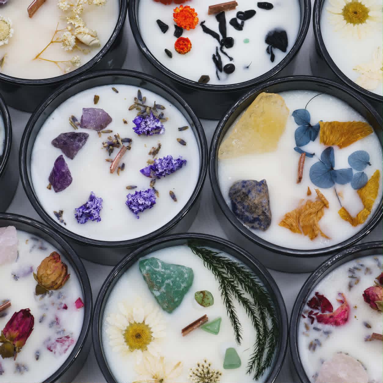 Crystal-infused soy wax candles with gemstones, dried flowers, wooden wick in dark green jars.