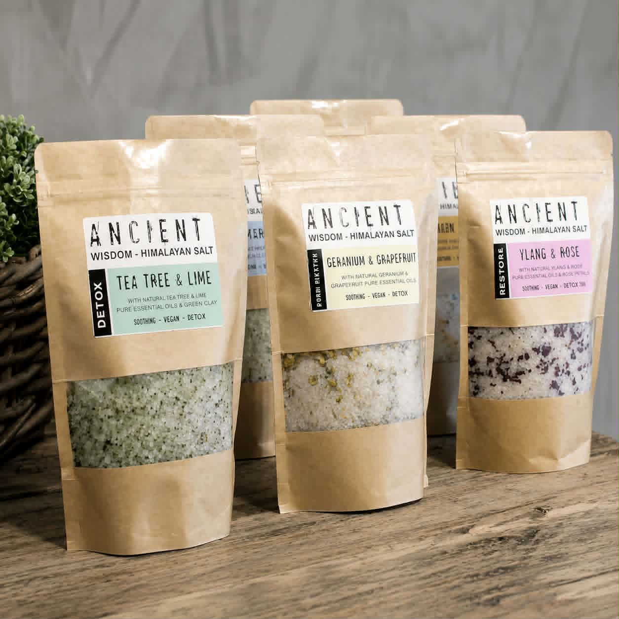 Aromatherapy Himalayan bath salts with pure essential oils, botanical ingredients in resealable bag