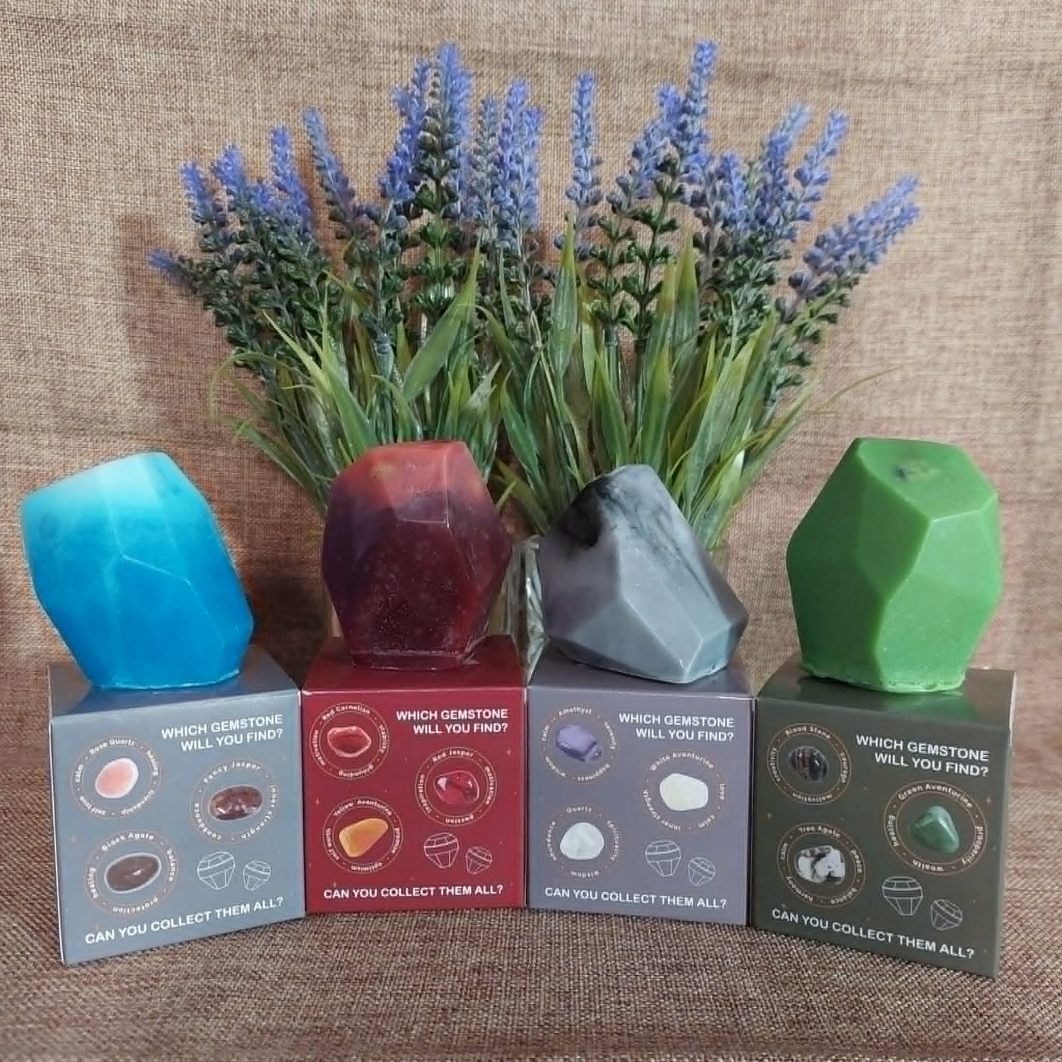 Grey Red Blue Green Crystal Elemental soap bars with surprise natural gemstone in a gift box