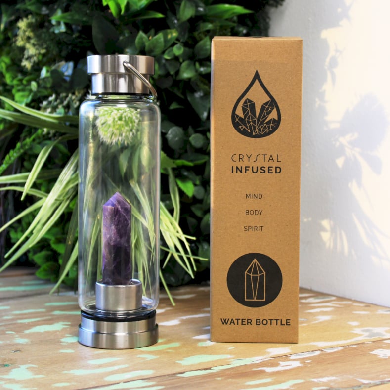 Glass water bottle with stainless steel base, lid and handle with crystal inside