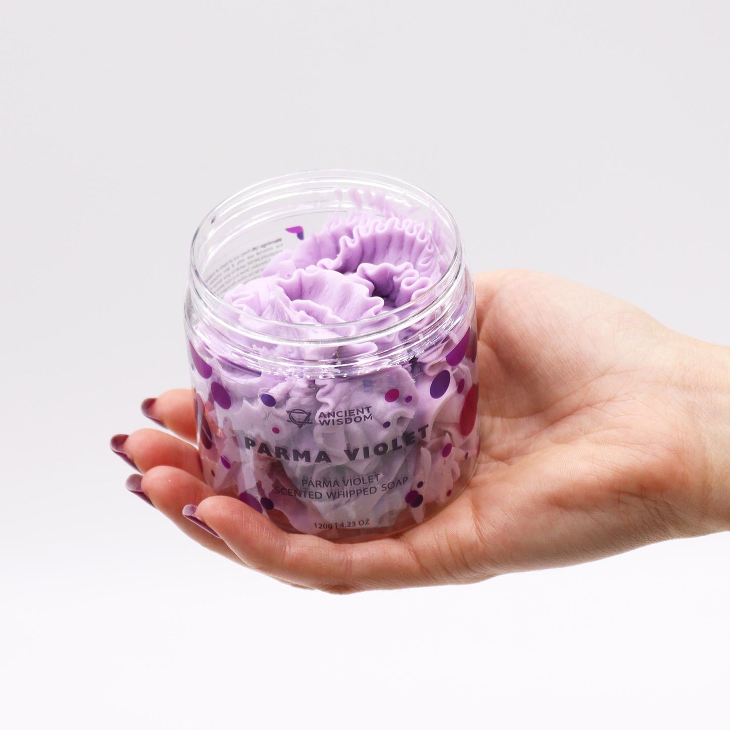 Parma Violet whipped soap with sweet floral violet fragrance and creamy texture in a clear jar