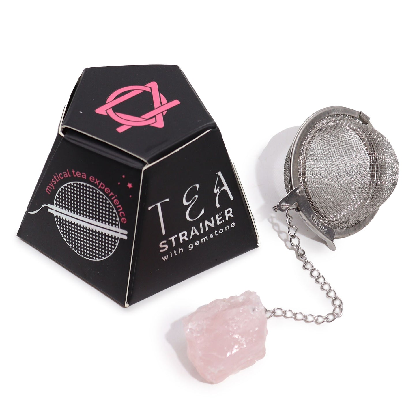 Stainless steel tea infuser with a raw rose quartz crystal attached to the end of the chain.
