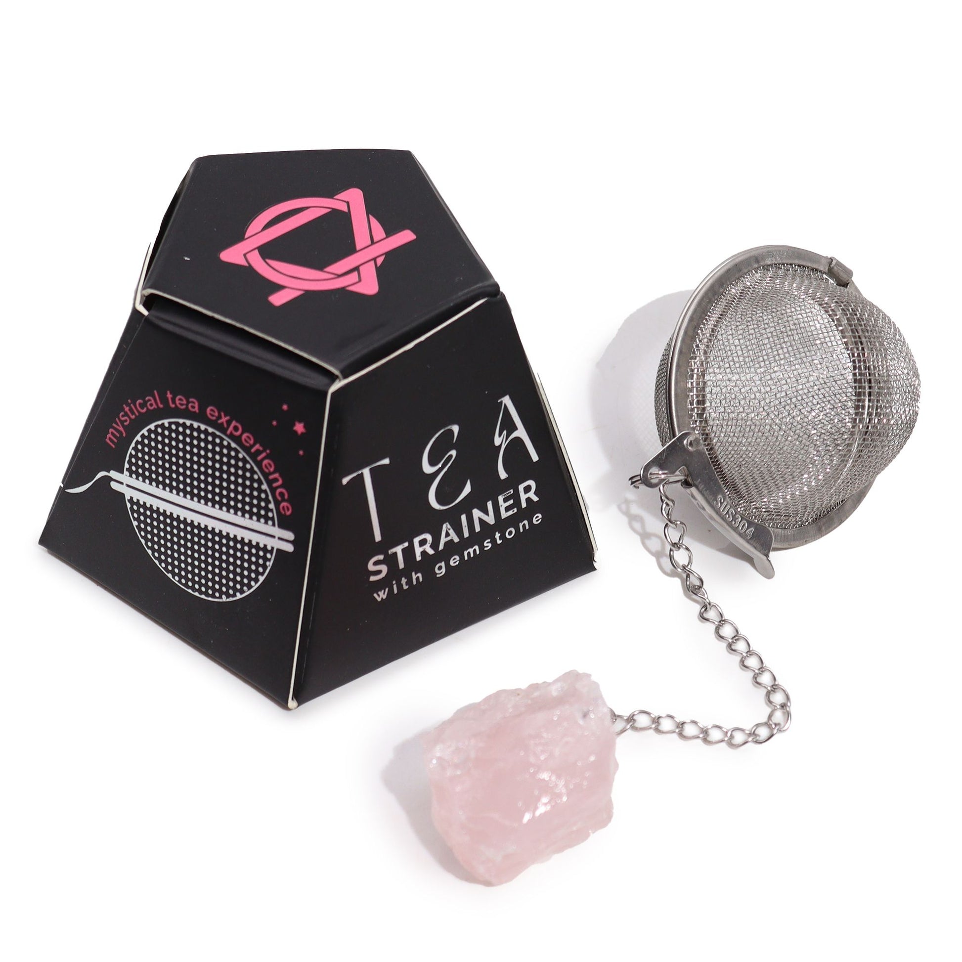 Stainless steel tea infuser with a raw rose quartz crystal attached to the end of the chain.