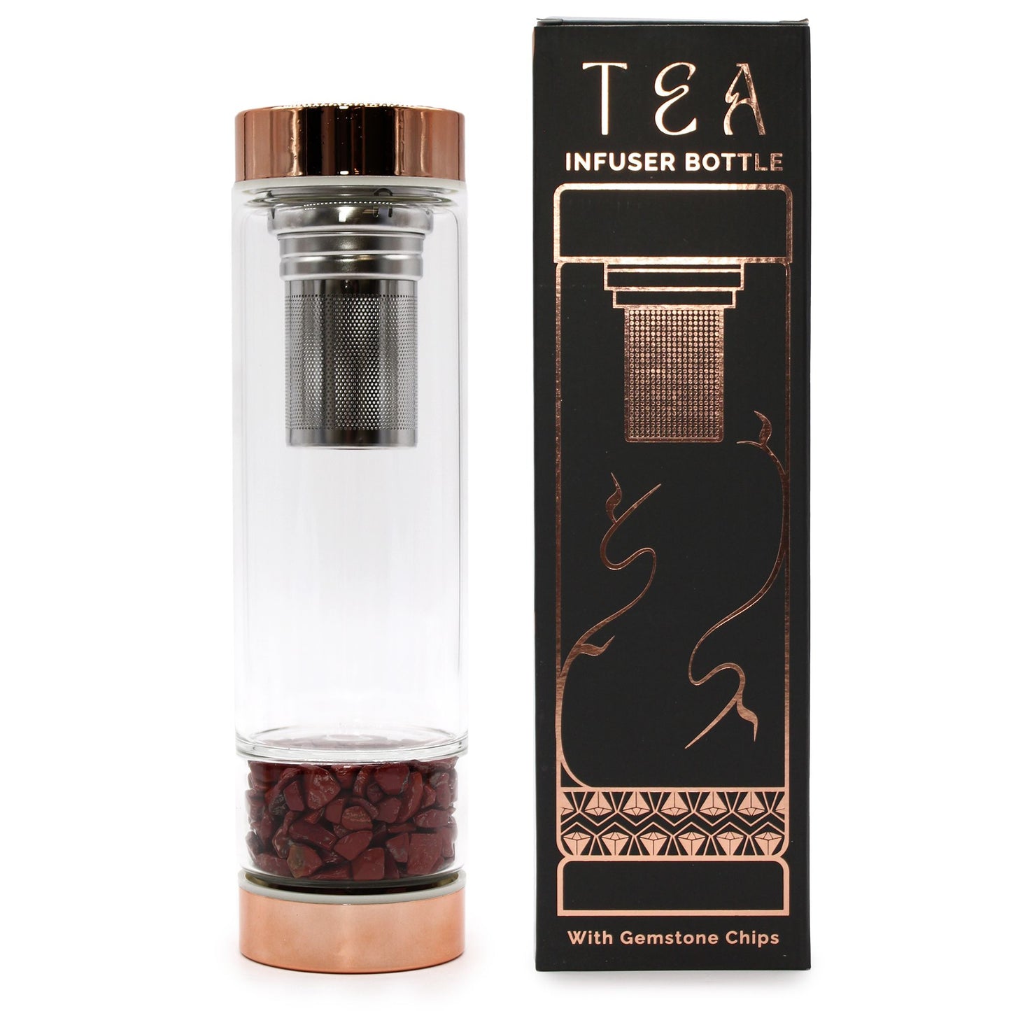 Glass tea infuser bottle with rose gold accents and red jasper crystal chamber.