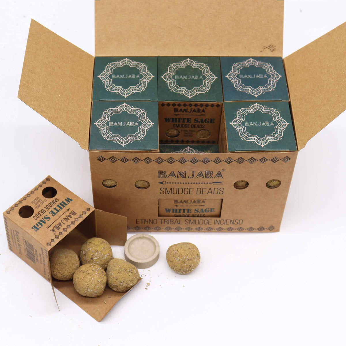 100% natural smudge beads white sage in carboard box.