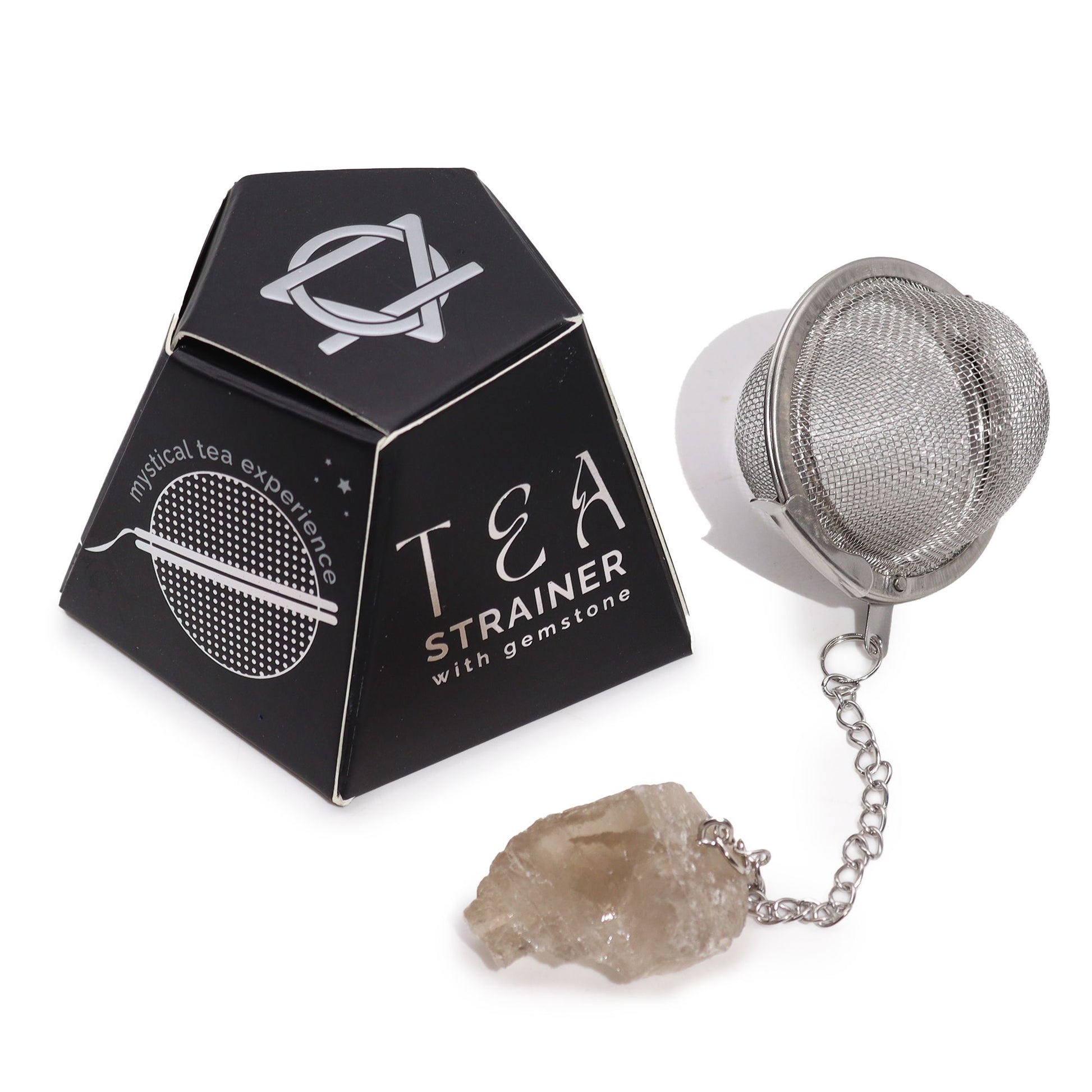 Stainless steel tea infuser with a raw smoky quartz crystal attached to the end of the chain.