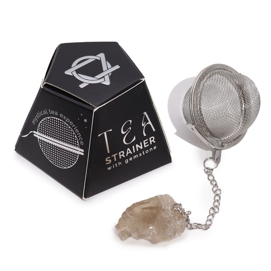Stainless steel tea infuser with a raw smoky quartz crystal attached to the end of the chain.