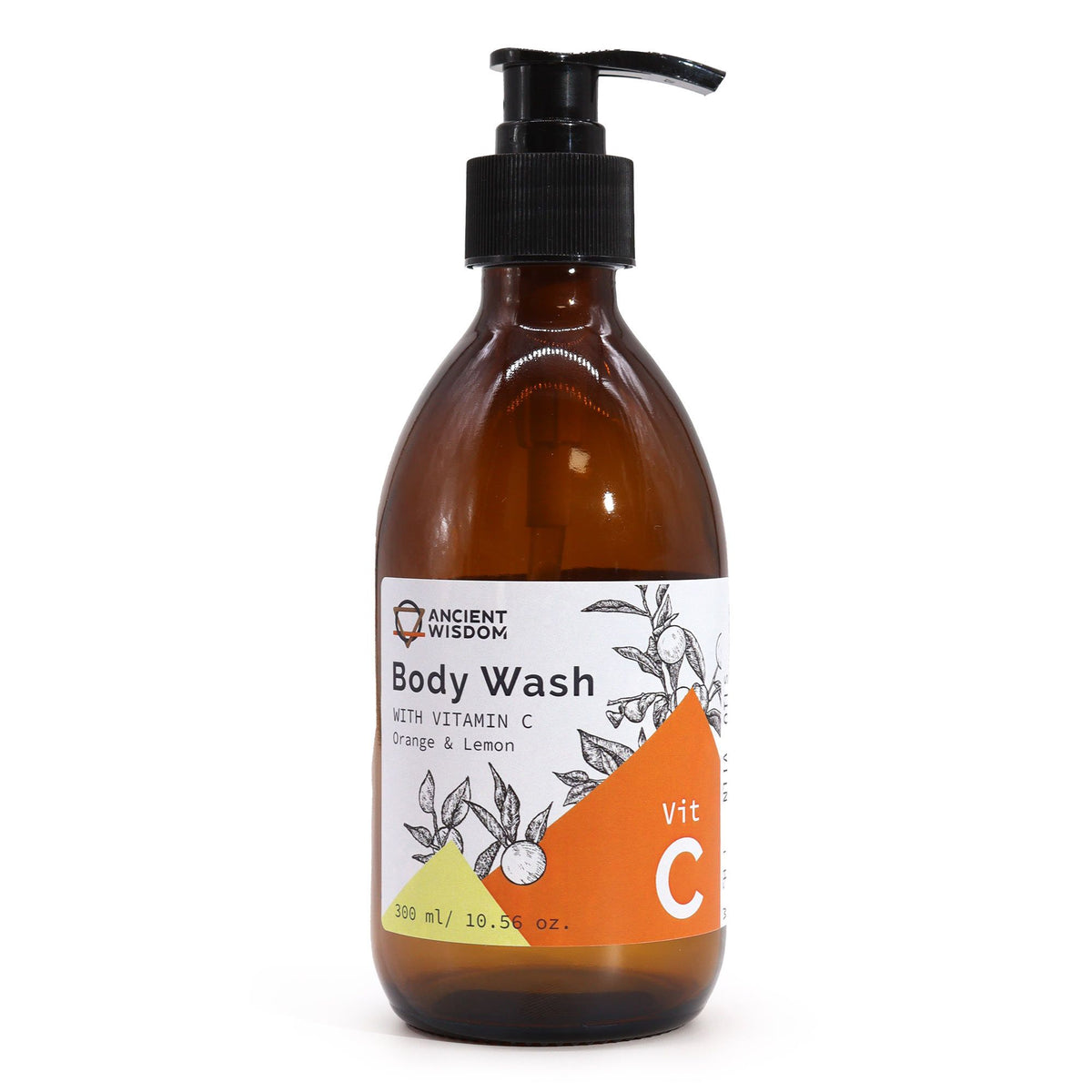 Vitamin C aromatherapy body wash Orange and Lemon peel oils in a 300ml glass amber pump bottle