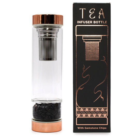 Glass tea infuser bottle with rose gold accents and black onyx crystal chamber.