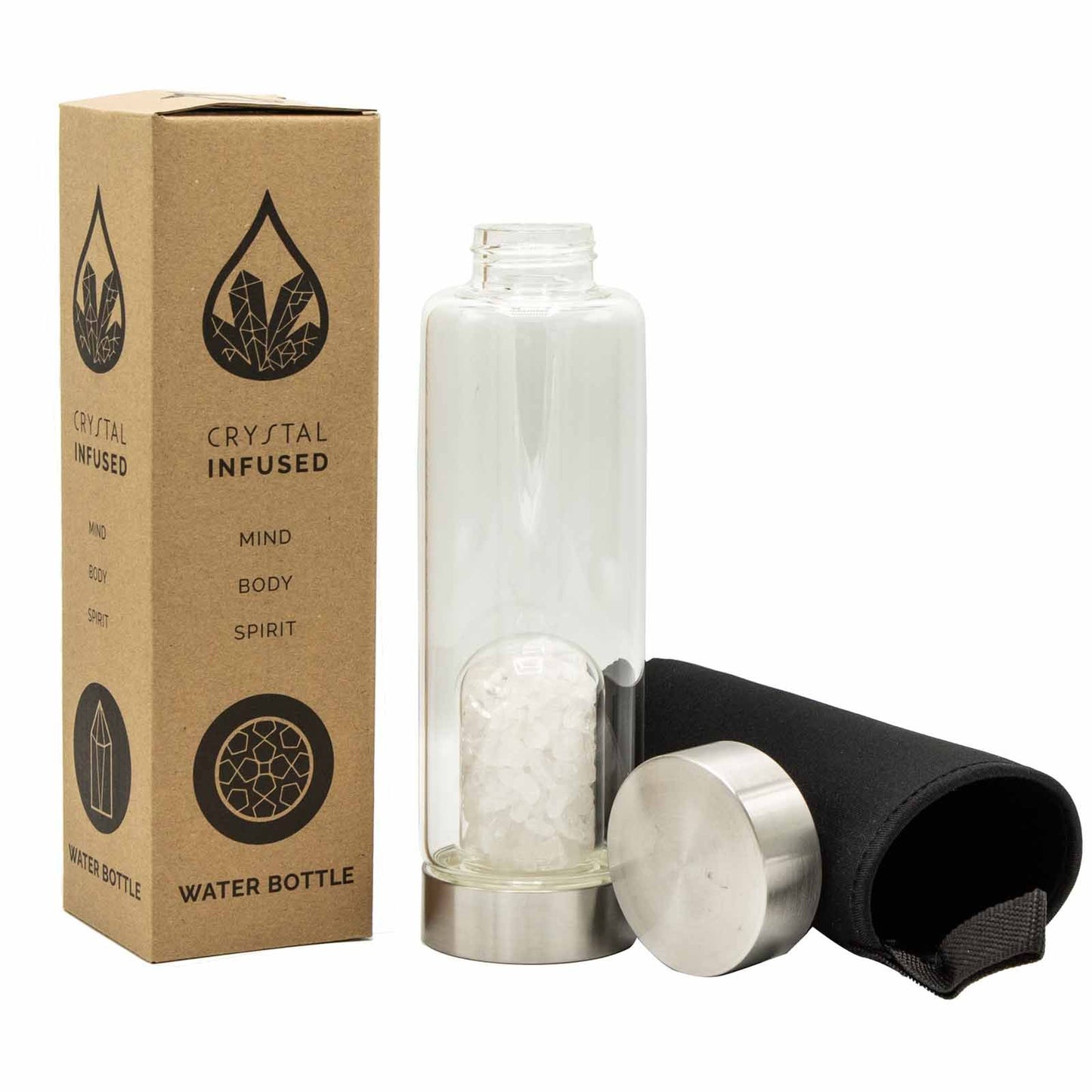Glass water bottle with stainless steel base and lid, containing clear quartz chip dome