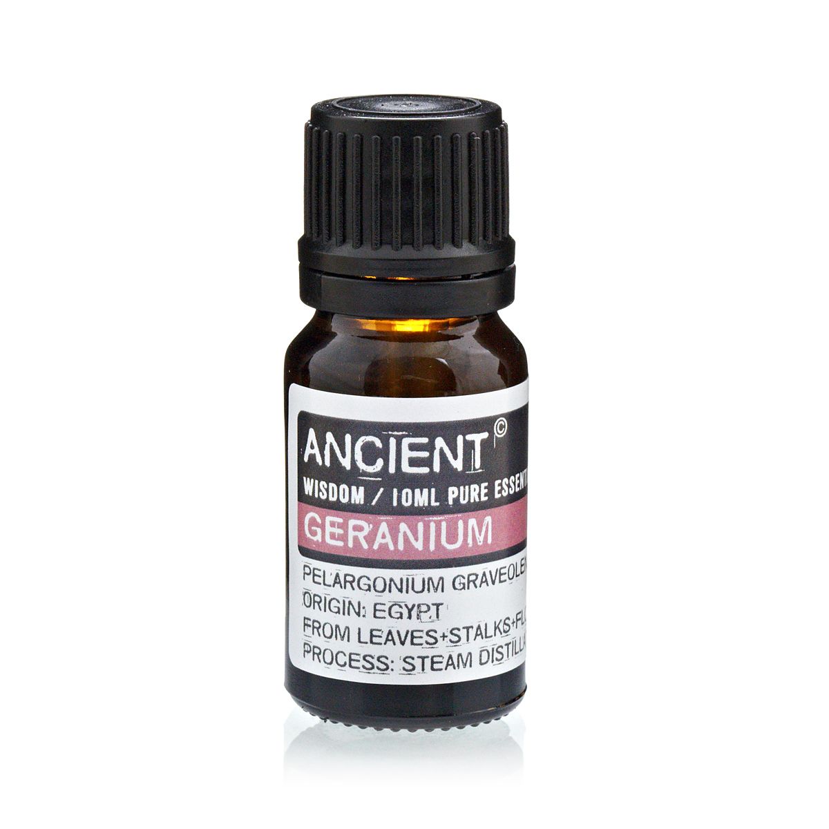 10ml geranium essential oil in amber glass bottle