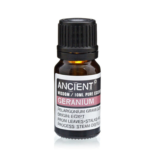 10ml geranium essential oil in amber glass bottle