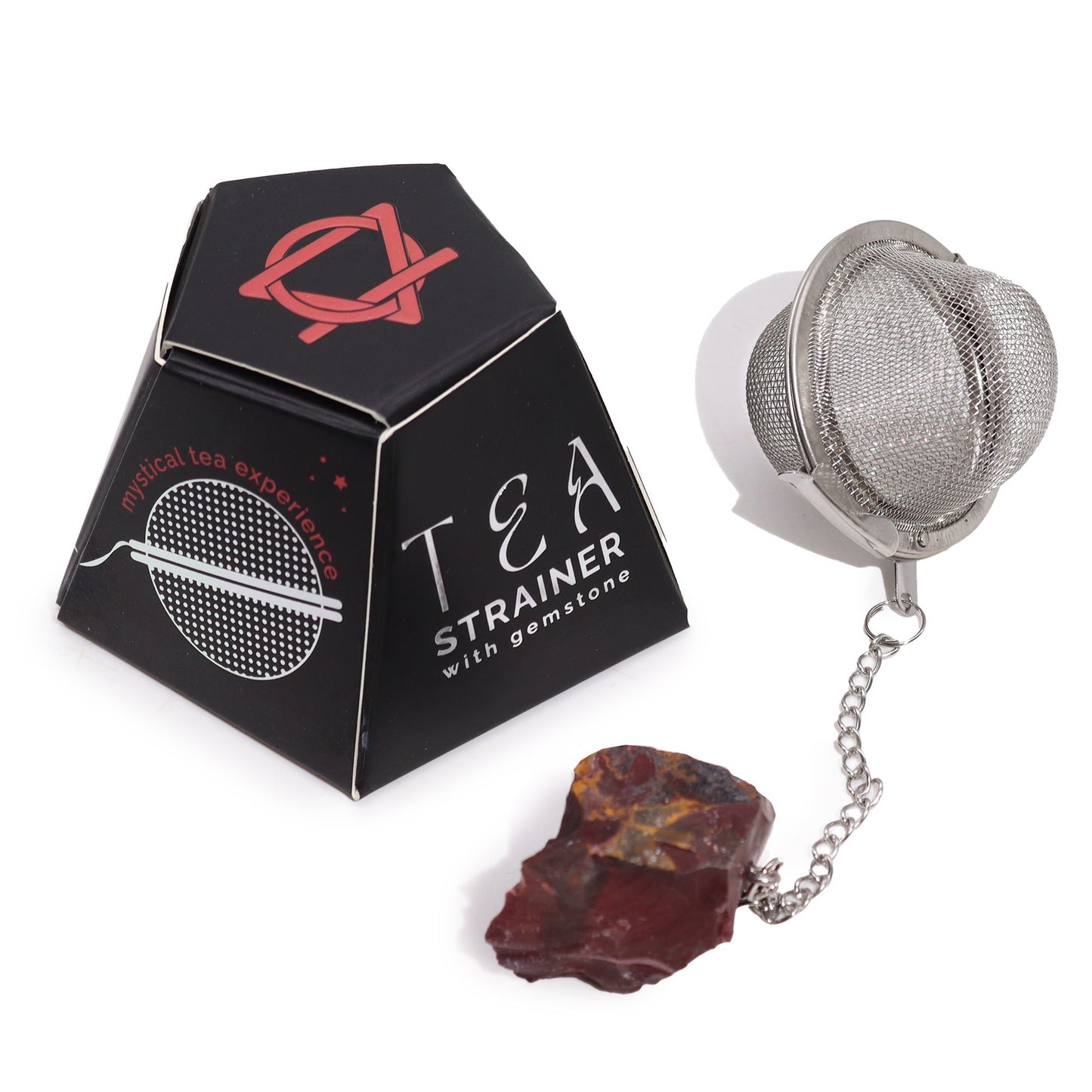 Stainless steel tea infuser with a raw mookite crystal  attached to the end of the chain.