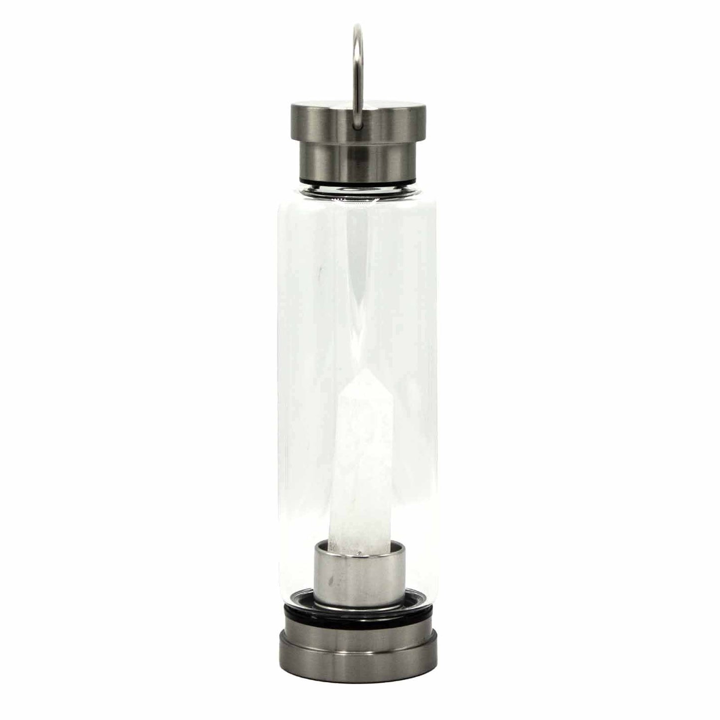 Glass water bottle with stainless steel base, lid and handle, containing clear quartz obelisk