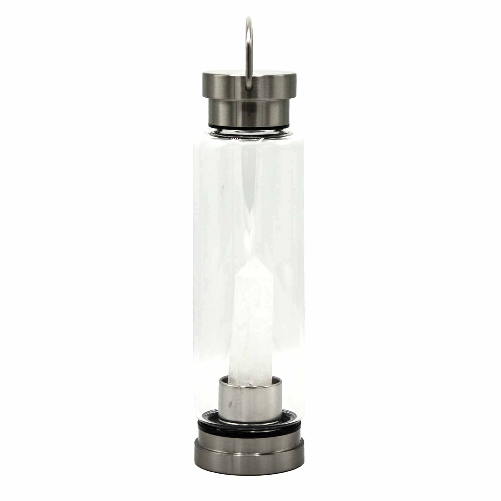 Glass water bottle with stainless steel base, lid and handle, containing clear quartz obelisk