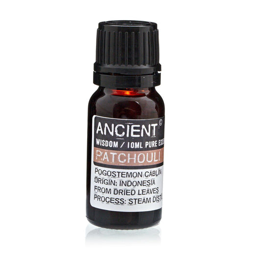 10ml patchouli essential oil in amber glass bottle