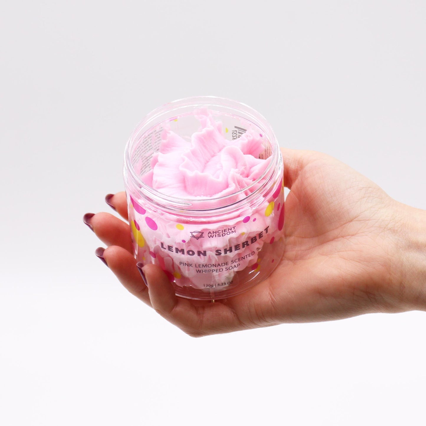 Lemon Sherbet whipped soap with sweet citrus fragrance and creamy texture in a clear jar