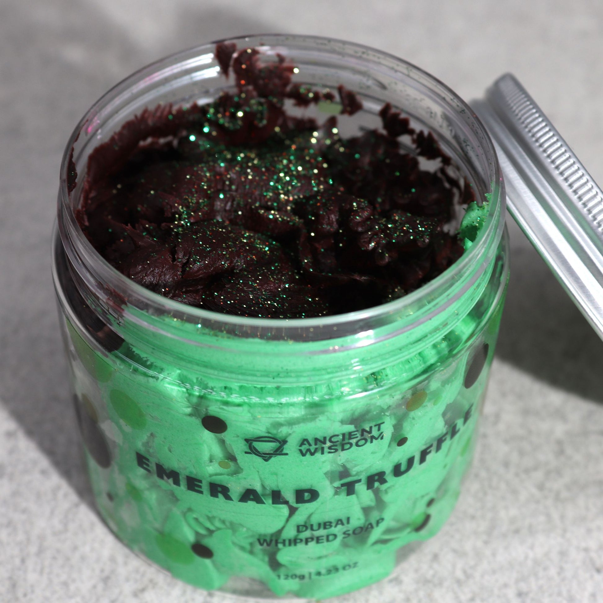Dubai Emerald Truffle whipped soap with rich chocolate, vanilla and oudh fragrance in a clear jar