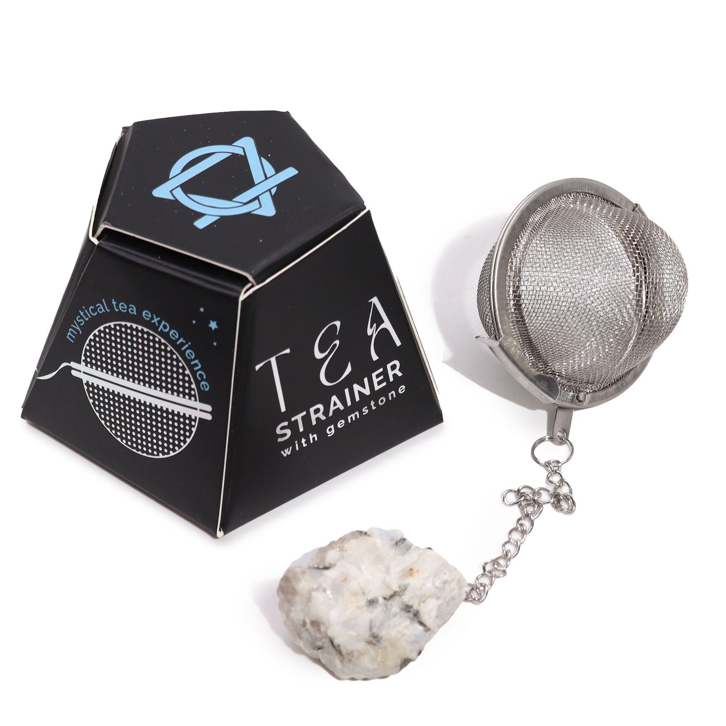 Stainless steel tea infuser with a raw rainbow moonstone crystal  attached to the end of the chain.