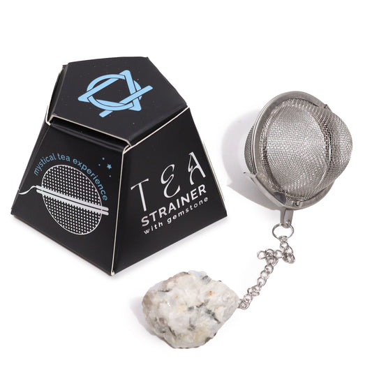Stainless steel tea infuser with a raw rainbow moonstone crystal  attached to the end of the chain.