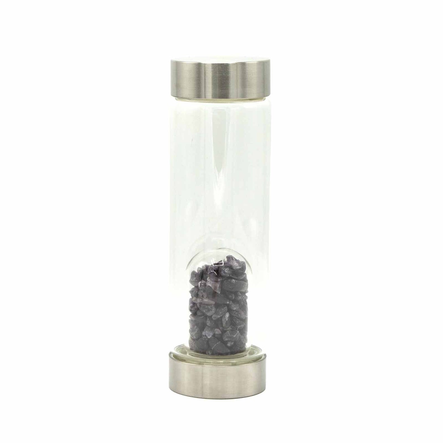 Crystal Infused Glass Water Bottle – Amethyst Crystal Chips Dome - 500ml