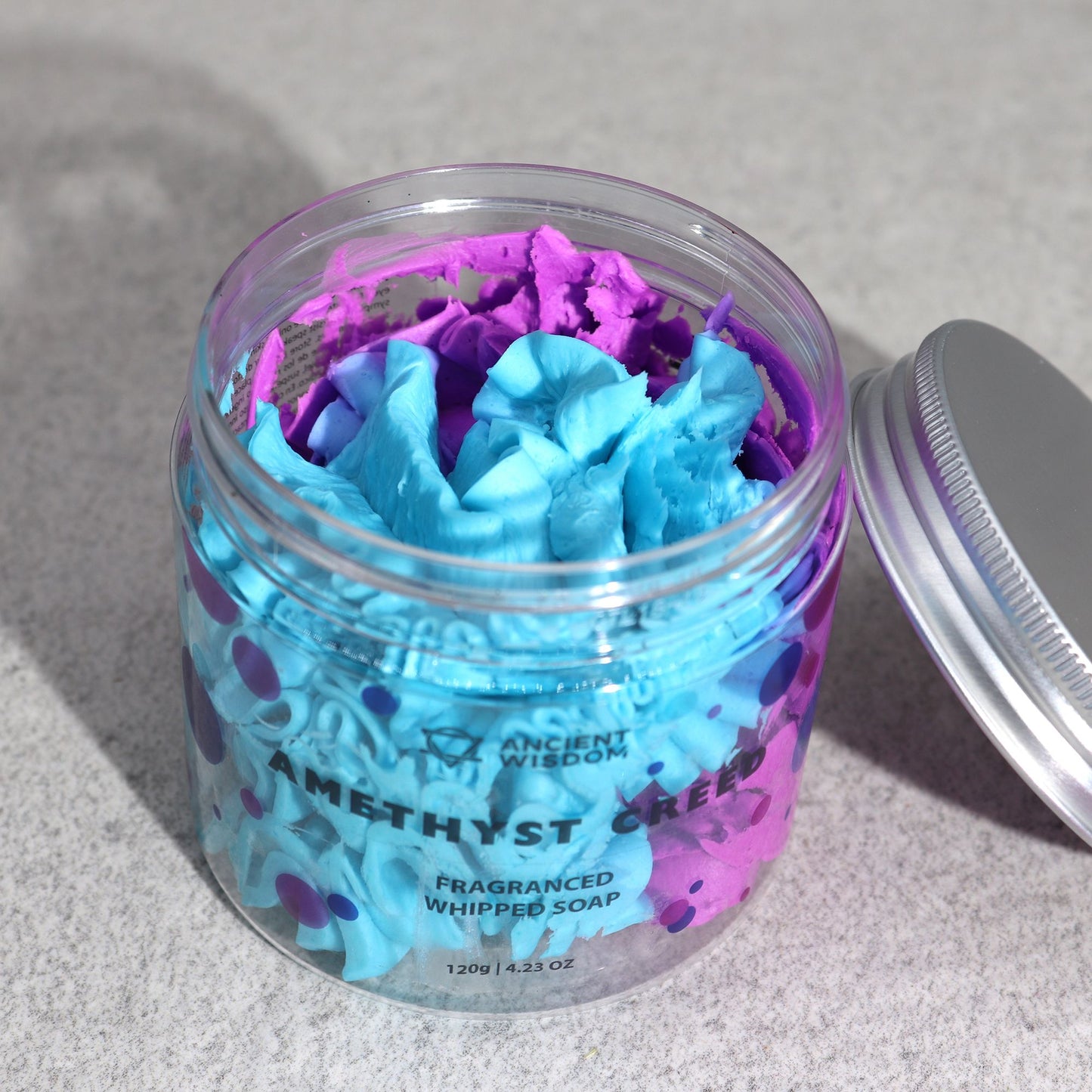 Amethyst Creed inspired whipped soap with sophisticated fresh and woody fragrance in a clear jar