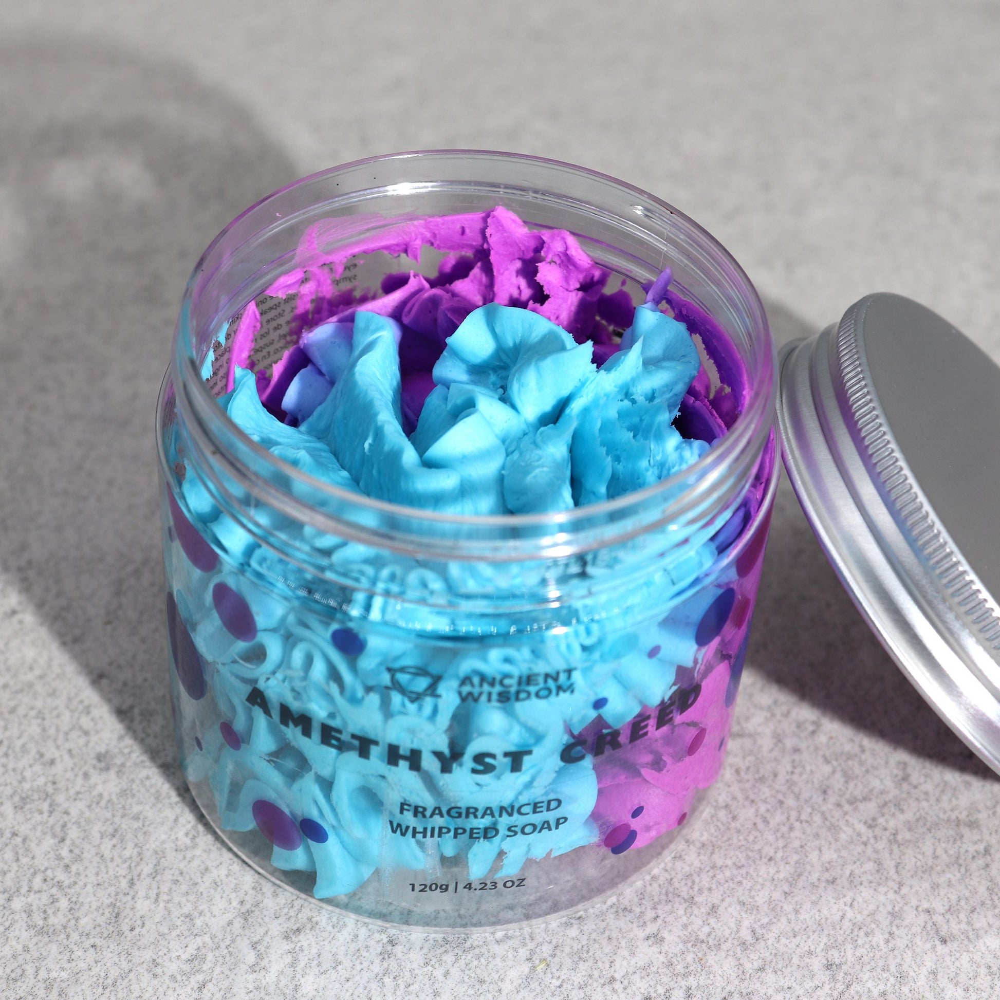 Amethyst Creed inspired whipped soap with sophisticated fresh and woody fragrance in a clear jar