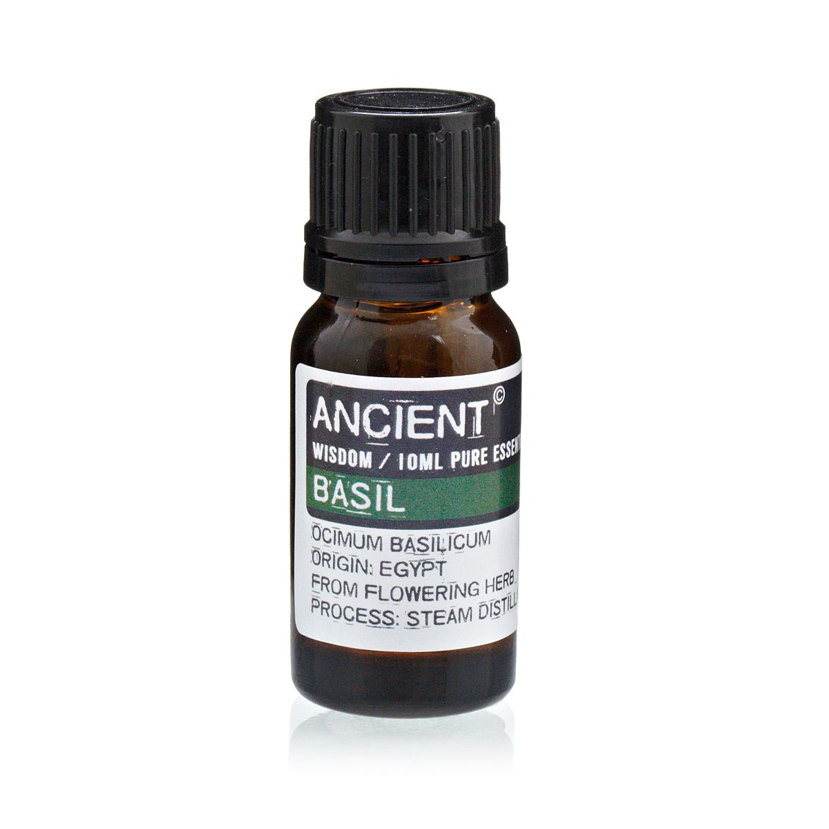 10ml basil essential oil in amber glass bottle