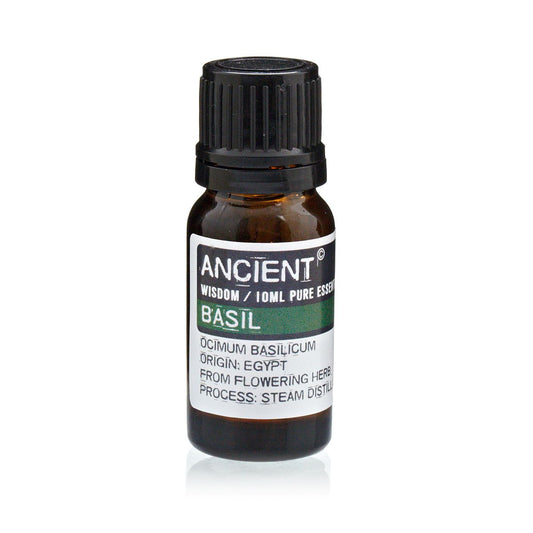 10ml basil essential oil in amber glass bottle