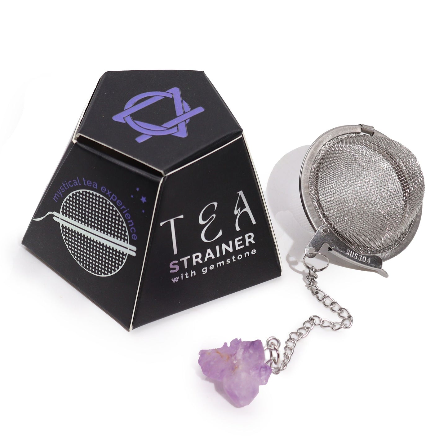Stainless steel tea infuser with a raw amethyst crystal cluster attached to the end of the chain.