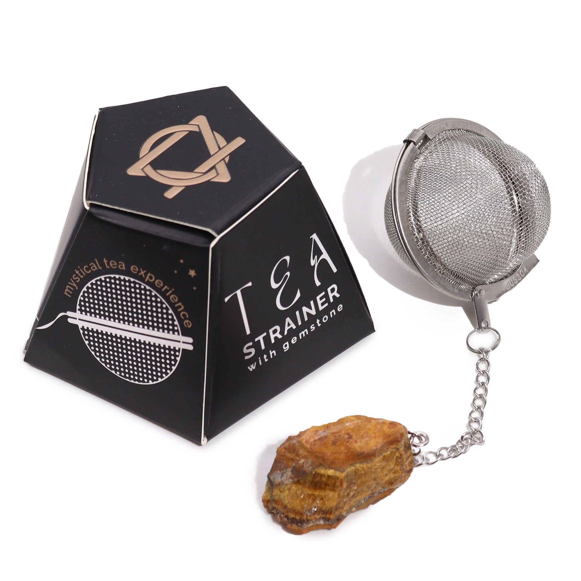 Stainless steel tea infuser with a raw gold tigers eye crystal attached to the end of the chain.