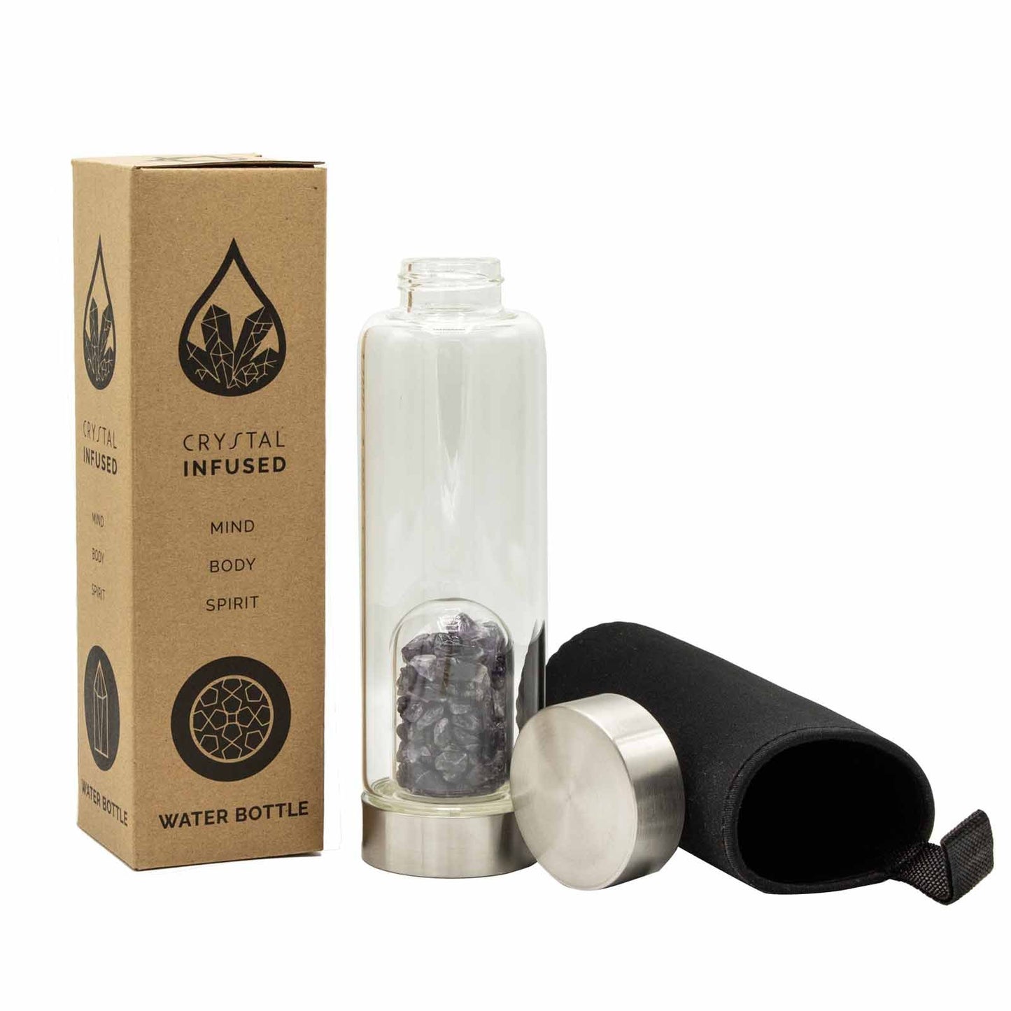 Glass water bottle with stainless steel base and lid, containing amethyst chip dome
