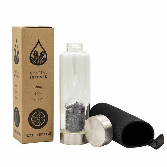 Glass water bottle with stainless steel base and lid, containing amethyst chip dome