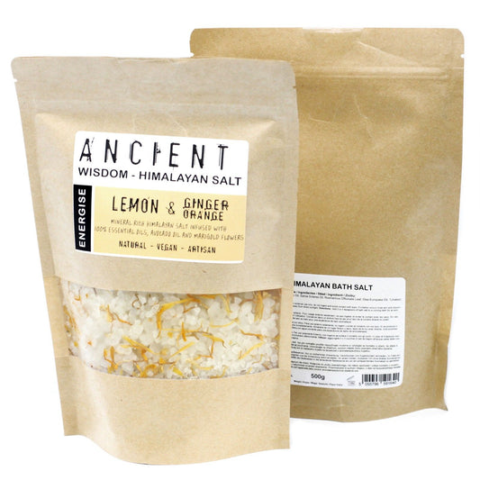 Resealable paper bag of Himalayan bath salts infused with Lemon, Ginger and Orange essential oils, Avocado Oil and Marigold flowers