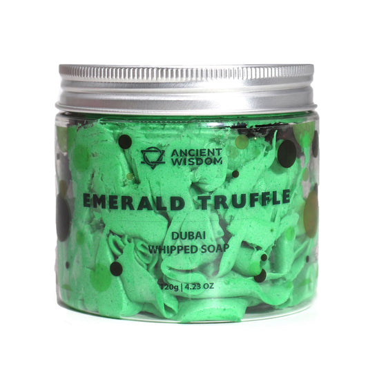 Dubai Emerald Truffle whipped soap with rich chocolate, vanilla and oudh fragrance in a clear jar