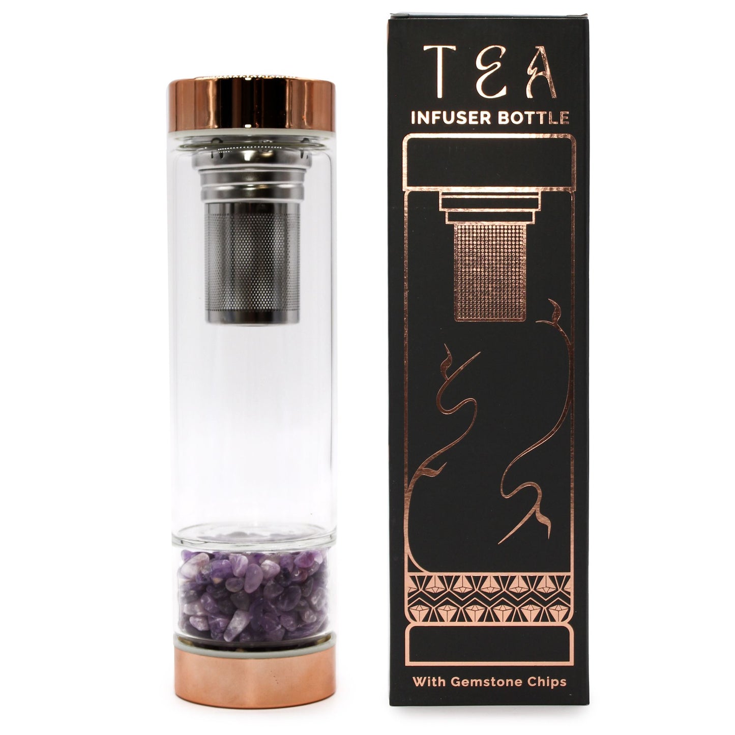 Glass tea infuser bottle with rose gold accents and amethyst crystal chamber.