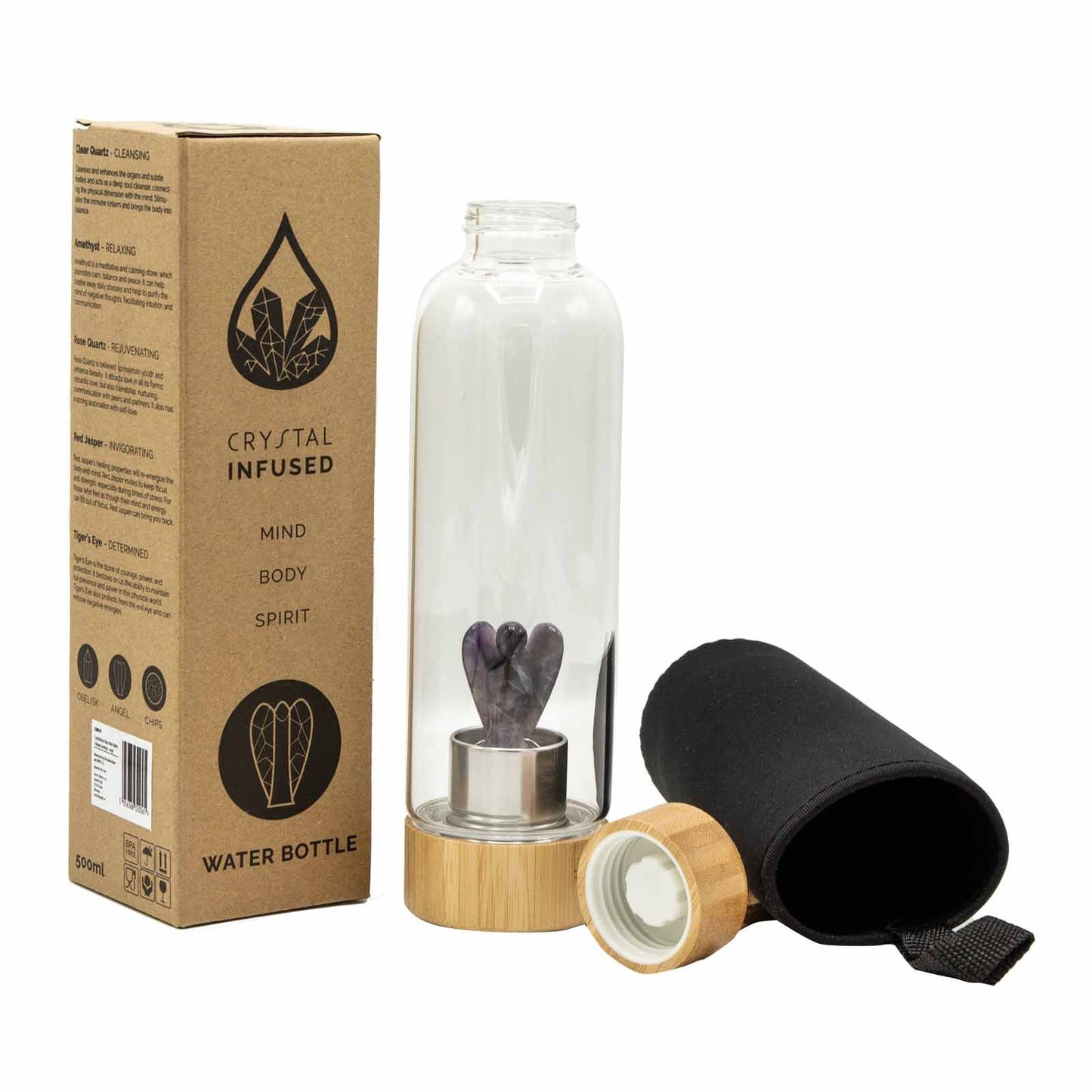 Glass water bottle with bamboo base and lid, containing amethyst angel