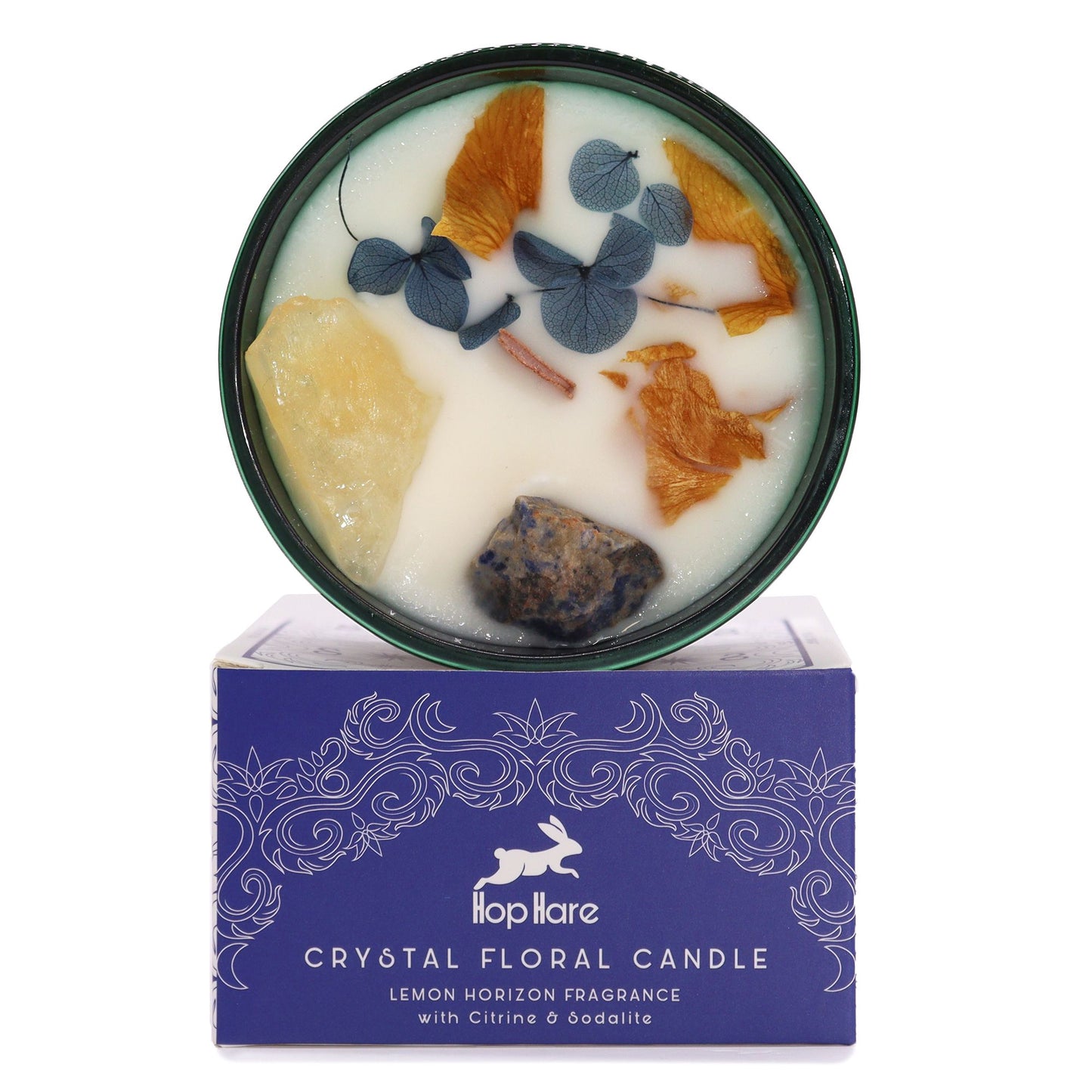 Soy wax candle with citrine and sodoaite crystals, dried flowers, wooden wick in dark green jars.