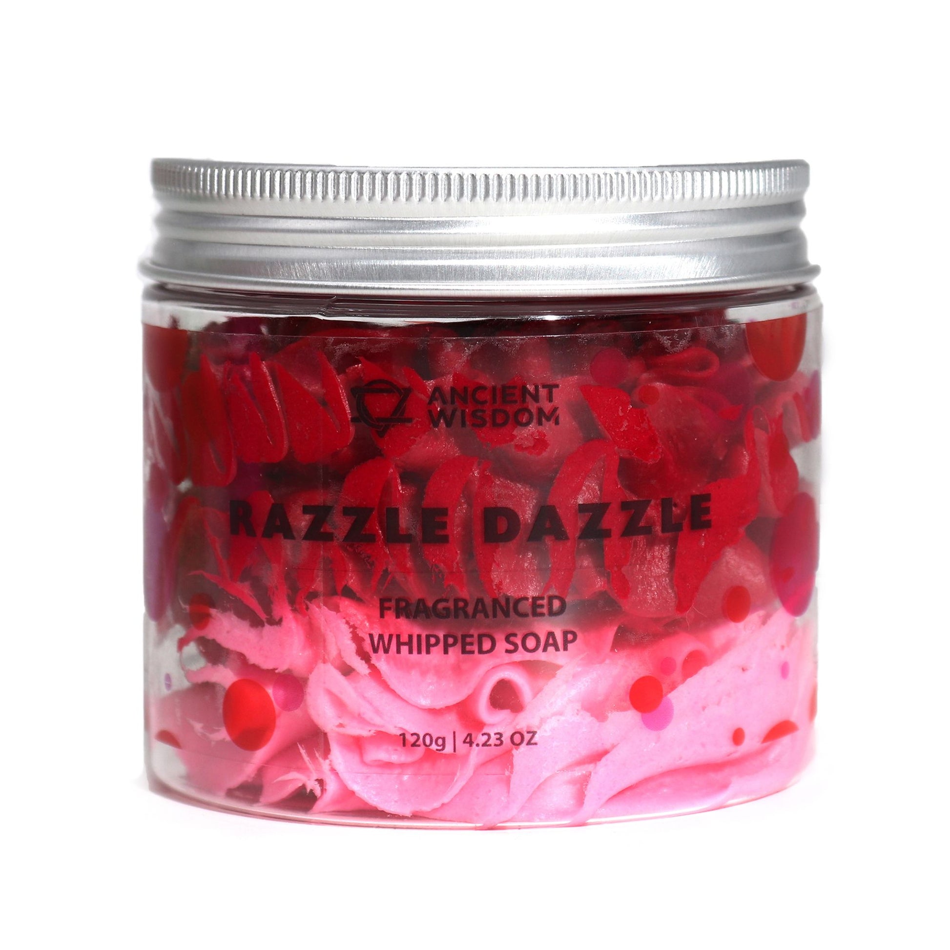 Razzle Dazzle whipped soap with juicy raspberry slush fragrance in a clear jar