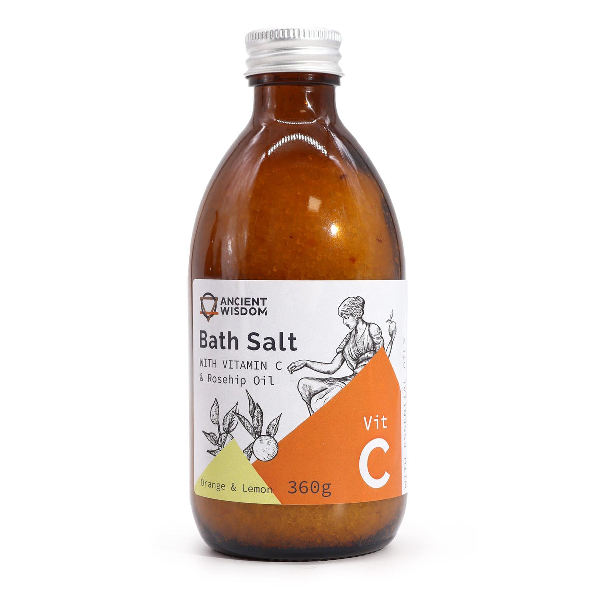 Himalayan bath salt with Vitamin C, Orange and Lemon peel oils in an amber glass bottle