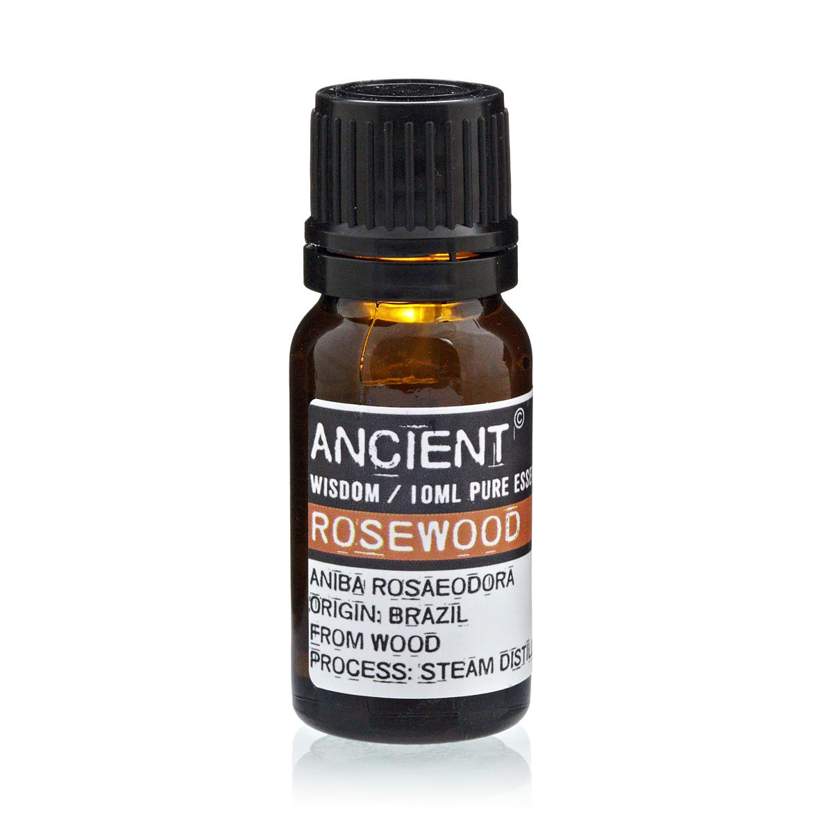 10ml rosewood essential oil in amber glass bottle