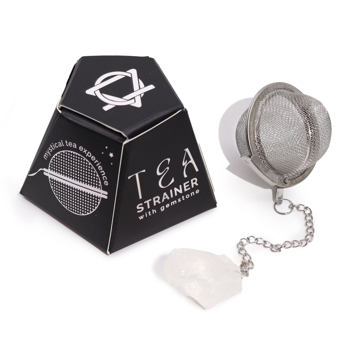 Stainless steel tea infuser with a raw clear quartz crystal  attached to the end of the chain.